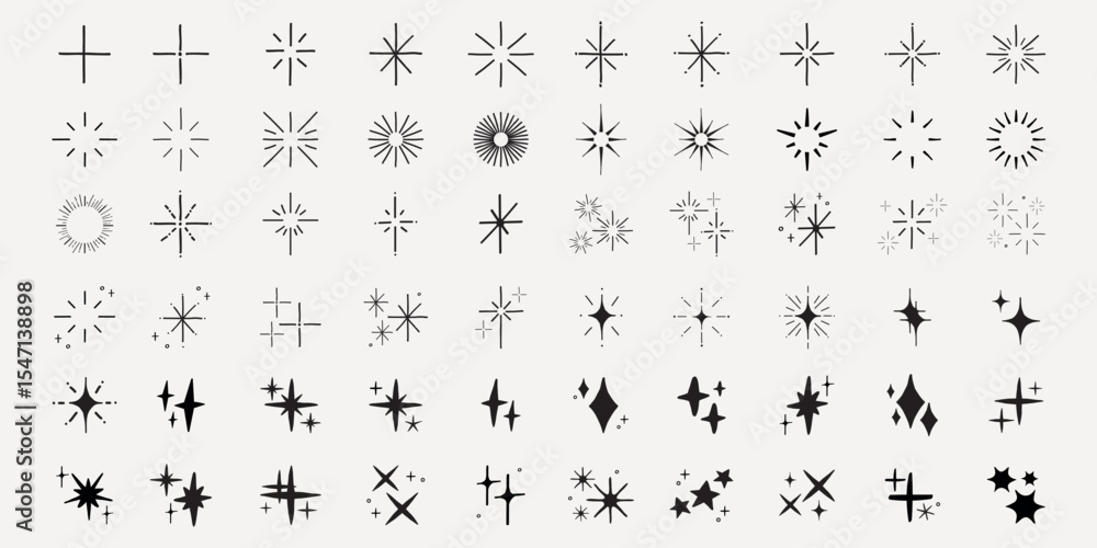 Poster collection of sparkling star doodles. star doodles in various shapes. sparkling elements for creativ