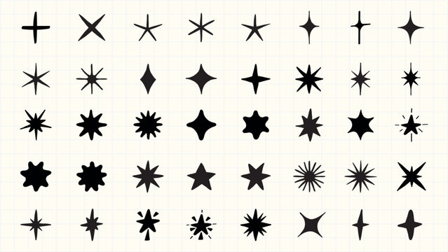 Collection of black starburst and sparkle icons. Starburst icons vary in shape and size. Sparkle icons are bold and dynamic. Perfect for design projects. Element vector set.