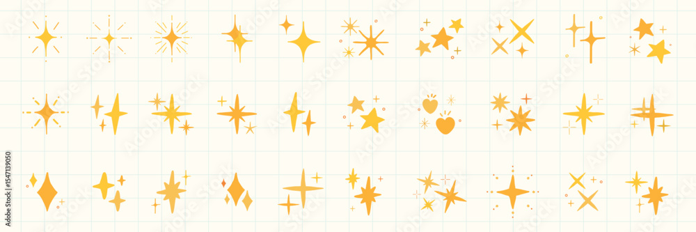 Poster a collection of yellow star and sparkle icons on a grid background. various star shapes and sparkles