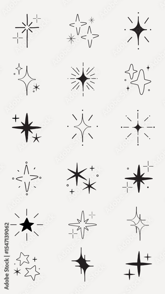 Poster collection of sparkling star doodles. star doodles in various shapes. sparkling elements for creativ