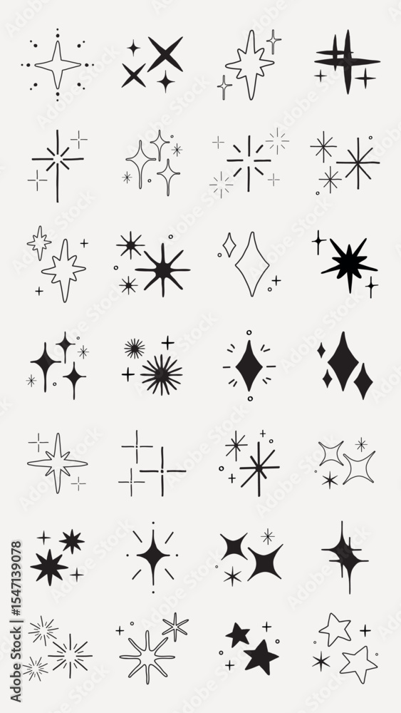 Poster collection of sparkling star doodles. star doodles in various shapes. sparkling elements for creativ