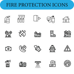 A collection of fire protection icons displayed on a grid. The icons include a fire extinguisher, sprinkler system, fire alarm, flame symbol, burning house, fire truck, firefighting boot, house