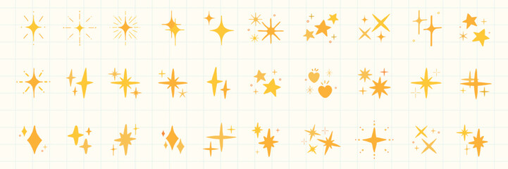 A collection of yellow star and sparkle icons on a grid background. Various star shapes and sparkles. Decorative yellow icons for design. Star and sparkle motifs. Element vector set.