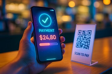 Mobile Payment Confirmation via QR Code in Neon Café Setting, Digital Wallet UI with Vibrant Glow, Fintech Transaction Concept