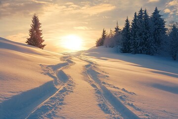 Fototapeta premium Snowy Hillside with Ski Tracks at Sunset
