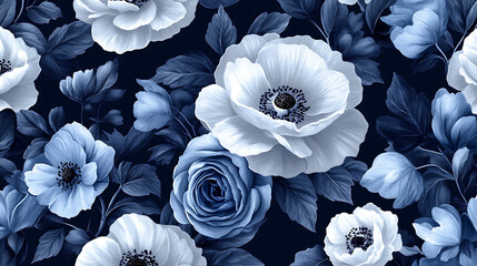 Elegant floral pattern with white anemones and blue roses on dark navy backdrop seamless repeat design