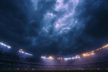 Stadium Under Dramatic Night Sky Filled With Clouds and Bright Lights During Football Match