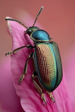 A colorful beetle with iridescent shell rests on a soft pink leaf in perfect clarity.