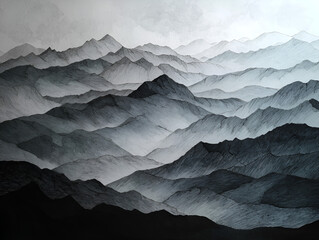 Layered mountain range illustration with foggy landscape and grayscale tones