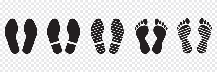 Human footprints icon set. Different human footprints. Human walking footprints shoes and shoe sole. Kids feet and Human foot steps Fun vector footsteps icon or sign for print. Eps 10.