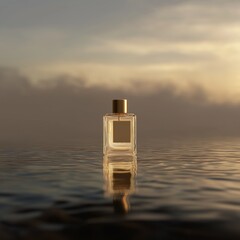 A blank perfume bottle with a gold cap sits on calm water, with a misty, golden hour background. Ideal for product mockups and beauty concepts