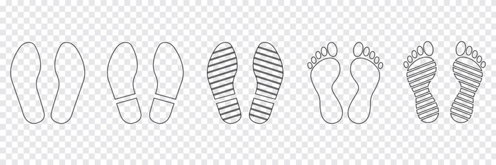 Human footprints icon set. Different human footprints. Human walking footprints shoes and shoe sole. Kids feet and Human foot steps Fun vector footsteps icon or sign for print. Eps 10.