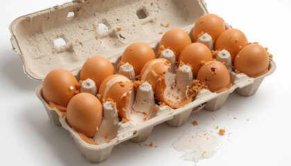 A carton of eggs with some broken and leaking on a white surface background