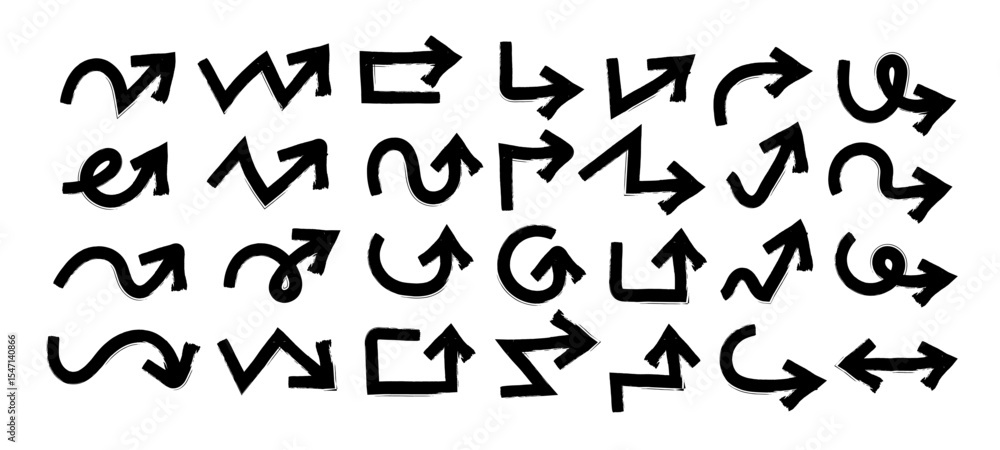 Poster marker arrow doodle in hand drawn style set, sketch arrow brush drawn, decorative direction pointers