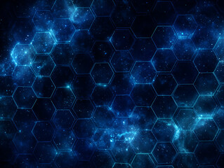 Hexagon Grid Overlay on Deep Blue Galaxy with Glowing Stars