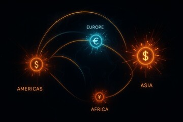 Global Financial Network with Currency Hubs and Data Streams, Futuristic Digital Economy Visualization