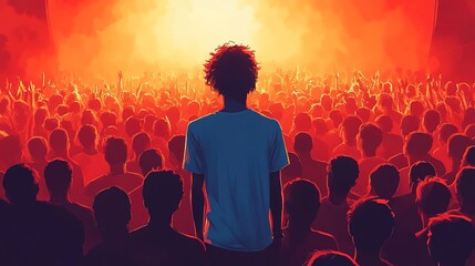 A joyful concert scene where one lonely fan stands in silence among the crowd 