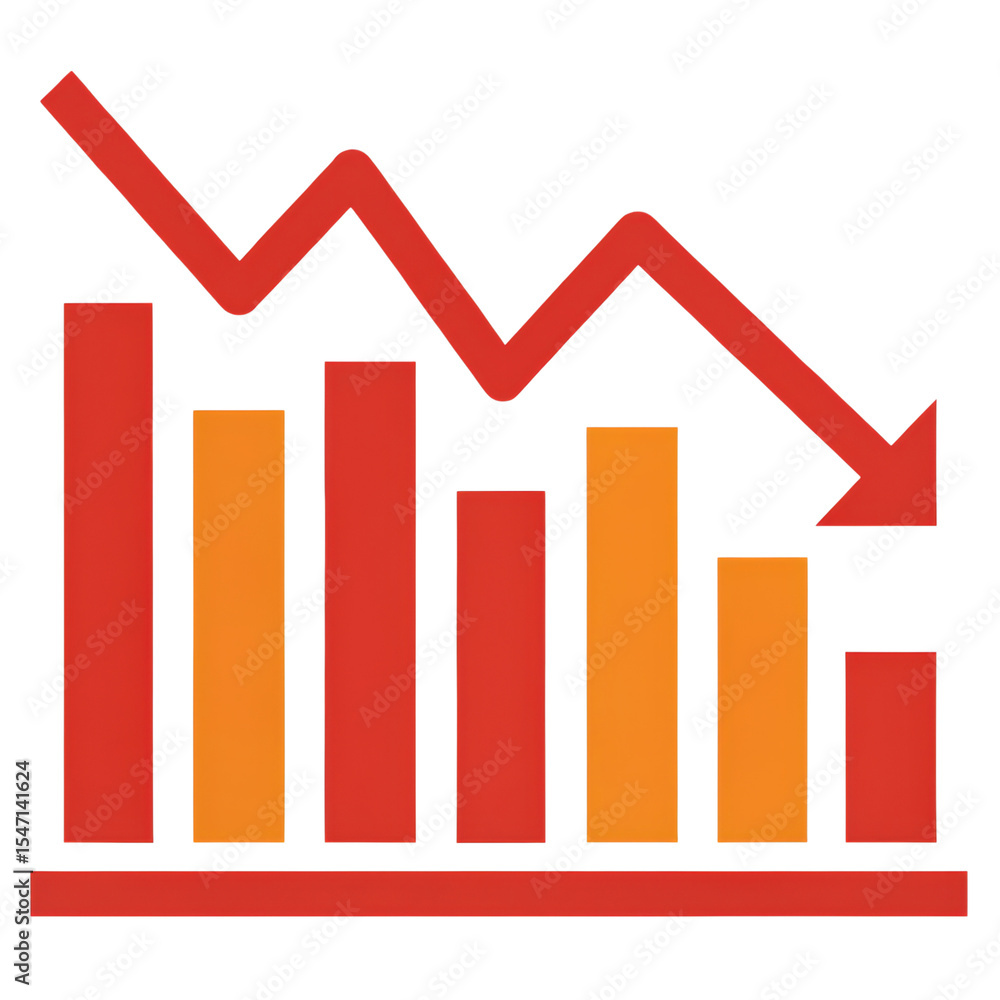 Poster a bar chart with red and orange bars showing a downward trend indicated by a red zigzag arrow pointi