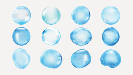 Set of colorful, transparent bubbles with reflections. Bubbles in blue, pink, and green hues. Glossy, round bubbles with a shiny, smooth surface. Soap bubble element vector set.