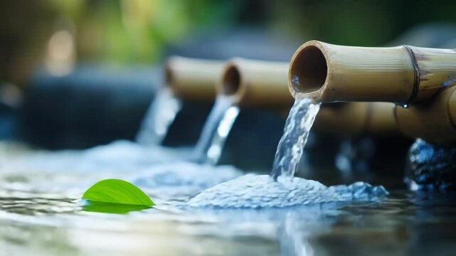 A single, small green leaf falls from an unseen branch and lands gently in the pool of water It gets caught in the current created by the fountains and slowly drifts and bobs tow
