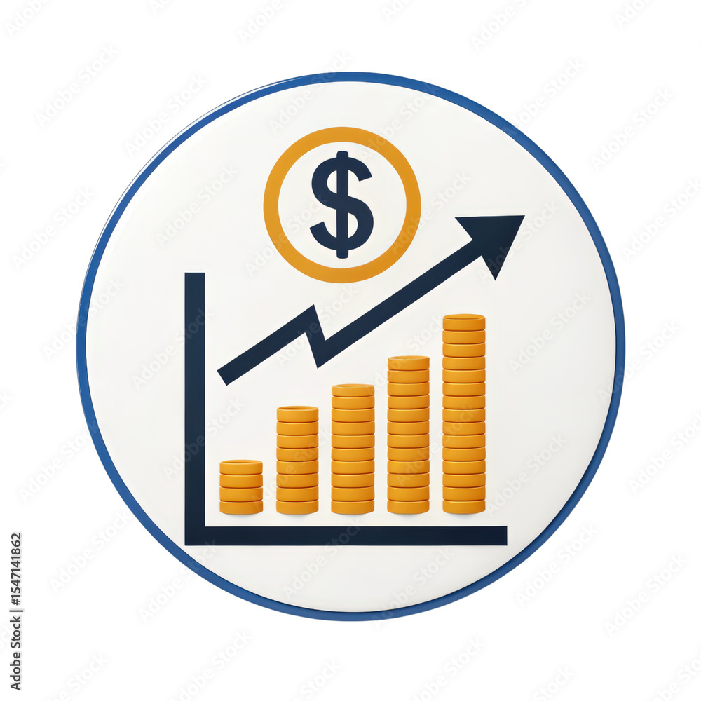 Poster a circular icon showing a bar chart with stacked gold coins increasing in height and a rising arrow,