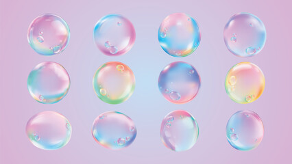 Set of colorful, transparent bubbles with reflections. Bubbles in blue, pink, and green hues. Glossy, round bubbles with a shiny, smooth surface. Soap bubble element vector set.