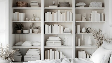 Bookshelf, Shelves, White shelves, White and Beige Home Decor Shelf Styling