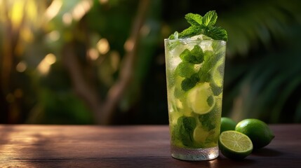 Experience the Essence of Summer with a Refreshing Mojito Cocktail Featuring Fresh Mint and Lime on a Wooden Table Evoking Tropical Vacation Vibes