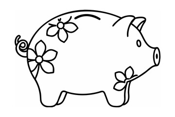 Black and White Piggy Bank Line Drawing Floral Design