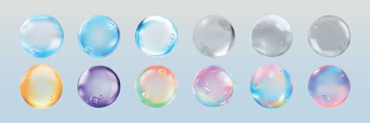 Set of colorful, transparent bubbles with reflections. Bubbles in blue, pink, and green hues. Glossy, round bubbles with a shiny, smooth surface. Soap bubble element vector set.