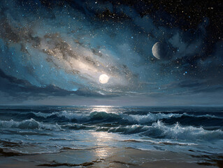 Ocean Waves Under Starry Night Sky with Moon Reflections Landscape