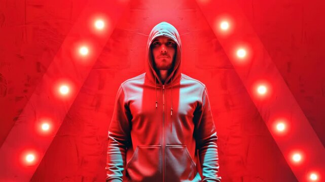 The man slowly and powerfully uncrosses his arms, clenching his hands into fists at his sides As he moves, the red lights on the wall pulse once, brightly, and the shadows