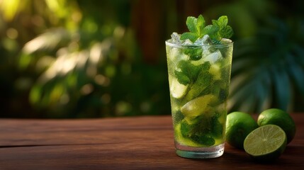 Mojito Cocktail with Fresh Mint and Limes on a Wooden Table Perfect Summer Drink Refreshing Beverage Tropical Vibe Cool and Delicious Alcohol Mocktail