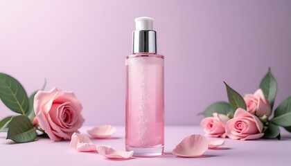 Rose essence skincare bottle beauty product floral pink background