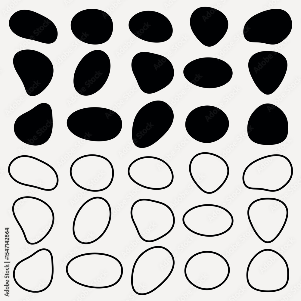 Poster abstract shapes in black and white. organic shapes repeated in rows. bold black shapes contrast with