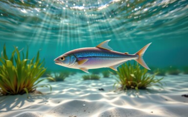 A vibrant fish swimming in a sunlit underwater environment.