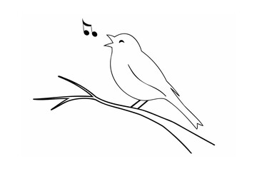 Singing Bird on Branch Black Line Art Illustration