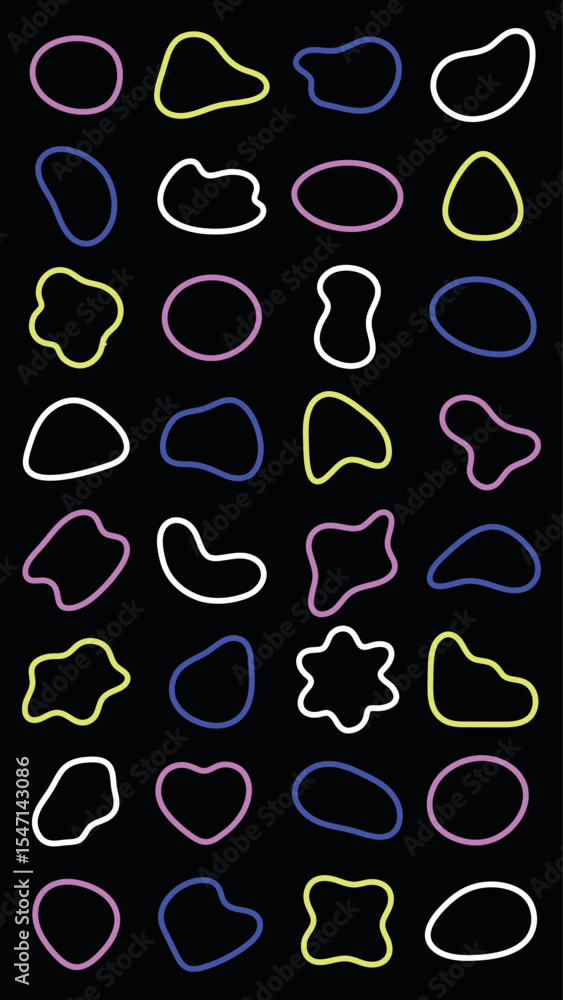 Poster colorful abstract shapes on a dark background. vibrant shapes include circles, stars, and blobs. abs