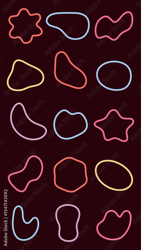 Poster colorful abstract shapes on a dark background. vibrant shapes include circles, stars, and blobs. abs
