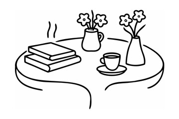 Round Tabletop Still Life with Books Flowers and Coffee Cup