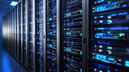 Naklejka premium Server, Rack, Data center, Data Center Server Room with Illuminated Racks