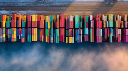Colorful shipping containers stacked in rows at an industrial port, Global trade and logistics in motion