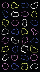 Colorful abstract shapes on a dark background. Vibrant shapes include circles, stars, and blobs. Abstract shapes create a playful, dynamic pattern. Colorful shapes, vector element set.