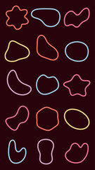 Colorful abstract shapes on a dark background. Vibrant shapes include circles, stars, and blobs. Abstract shapes create a playful, dynamic pattern. Colorful shapes, vector element set.