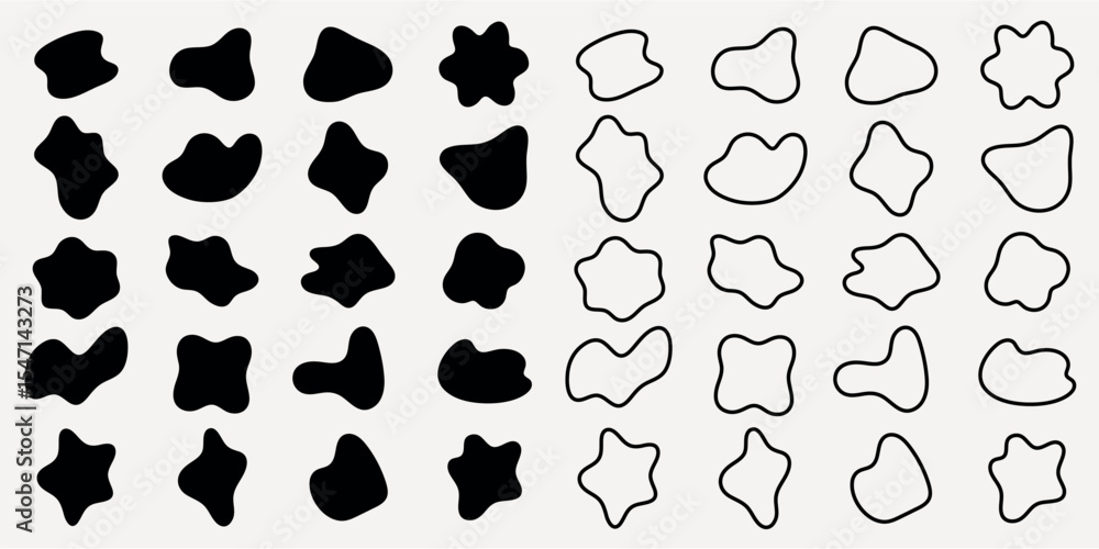 Poster abstract shapes in black and white. organic shapes repeated in rows. bold black shapes contrast with