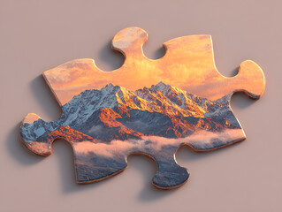 Mountain Range Captured within a Jigsaw Puzzle Piece with Warm Sunset