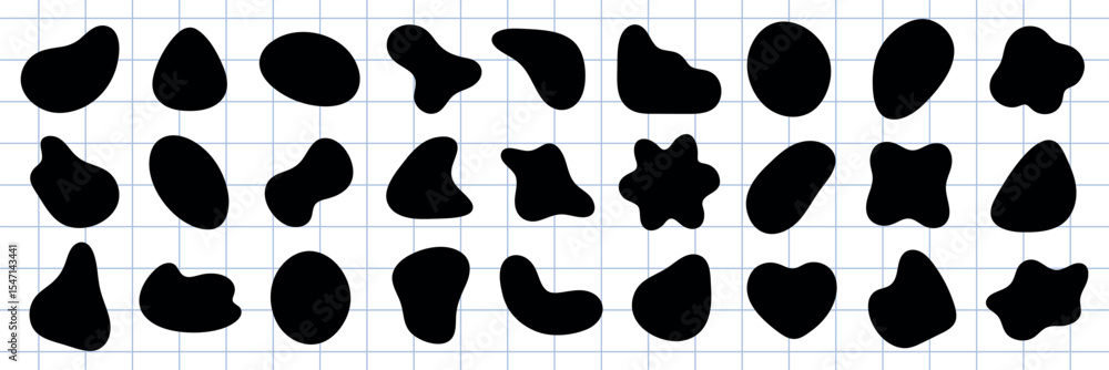 Poster abstract black shapes on a white background. organic, irregular forms. various blob-like, fluid shap