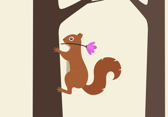 A squirrel climbing a tree with a flower in its mouth – minimalist vector art. 