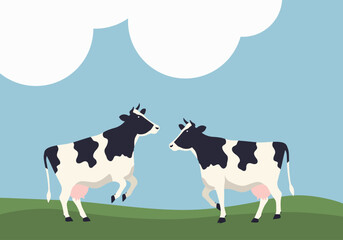 Two angry cows standing face-to-face in a field– minimalist vector art. 