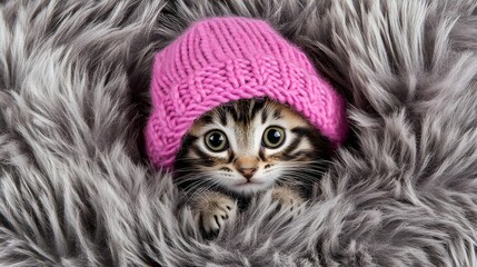 Kitten, Cat, Kitty, Adorable Kitten in Pink Knit Hat Nestled in Gray Fur